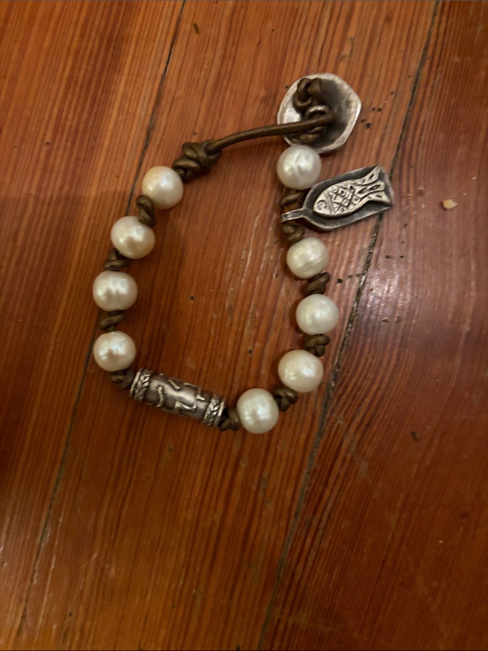 Silpada Pearl Bead Bracelet with Silver Accents and Brown Cord